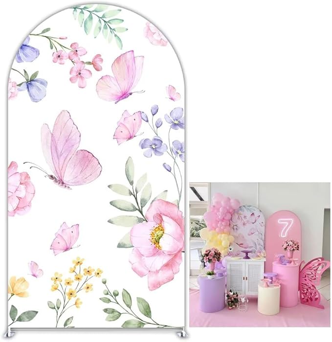 KONPON Pink Butterfly Arch Fabric Backdrop Covers Spring Theme Stretchy Arched Cover for Girls Birthday Baby Shower Party Decoration Supplies (No Stand!)