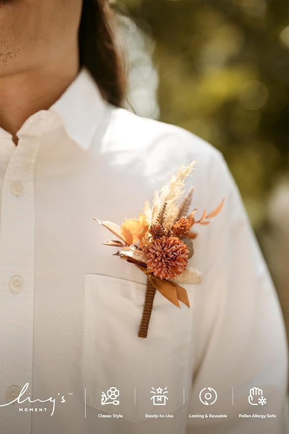 Ling's moment Boutonniere for Men, 6pcs Groom Groomsmen Boutonniere, Artificial Flowers for Wedding Decor/Prom/Homecoming, etc.Rust Boho Terracotta