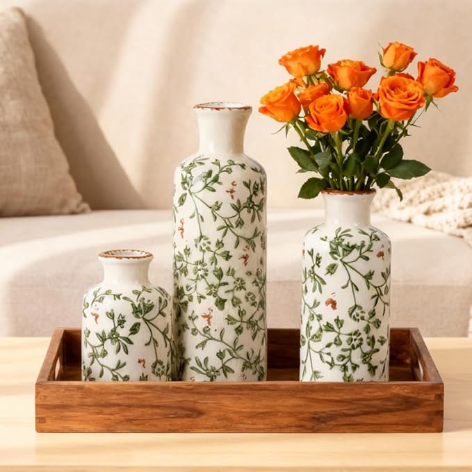 Green Chinoiserie Ceramic Vase Set of 3 – Vintage Green Floral Vases, Decorative Porcelain Vase Set for Flowers, Rustic Farmhouse & Cottage Core Home Decor, Living Room, Shelf & Table Centerpieces