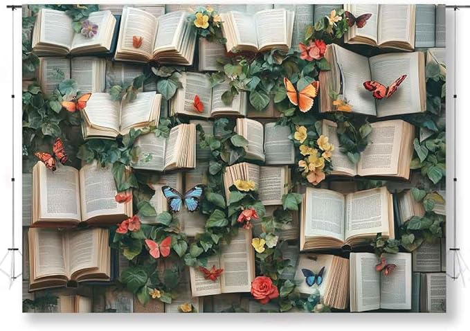 7x5ft Flowers Bookshelf Backdrop Vintage Bookshelf Backdrop for Photography Rustic Flower Party Background Adults Baby Shower Portrait Photo Studio Background Props KUBYW002