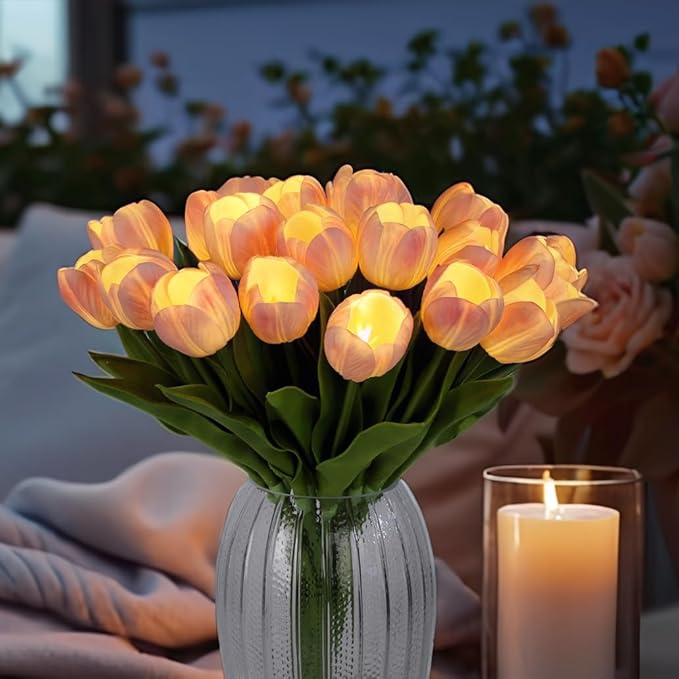 LED Lighted Artificial Tulip Lamp, Real Touch Tulip Flowers, 15 Inch Faux Tulip Bouquet with Battery Operated Lights for Gifts, Home Kitchedn Wedding Decor (Pink)