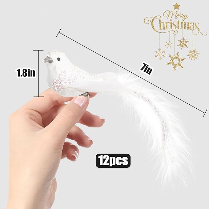 Cosweet 12 Pcs Artificial Christmas Dove Birds with Clip, White Feather Xmas Tree Ornament Wreath Flower Arrangement Supplies for Party Wedding Decor DIY Craft Gifts