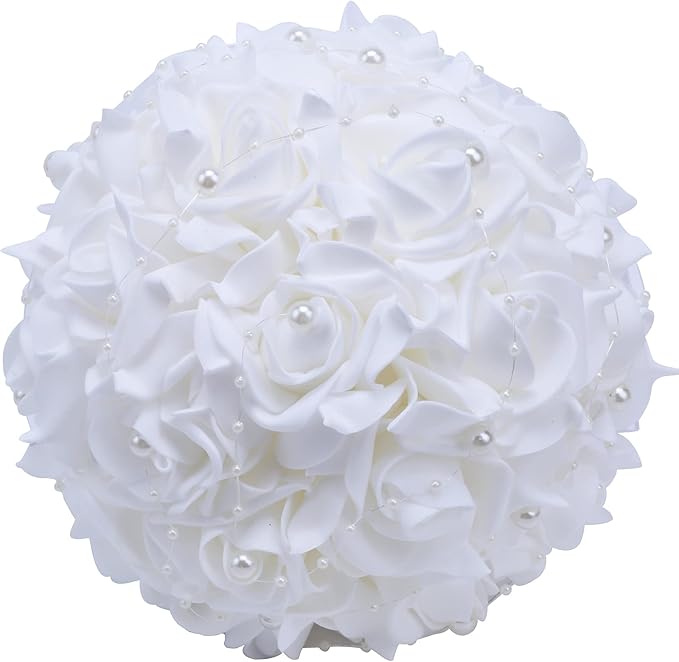 Wedding Bouquets for Brides or Bridesmaids Pearl Embellishment Roses Bridal Bridesmaid Wedding Hand Bouquet Artificial Fake Flowers.(Blue)