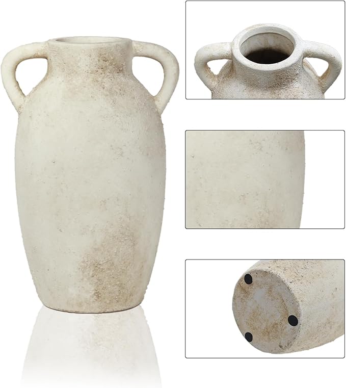 Ceramic Flower Vase Home Decor – 9.8 Inch Pottery Rustic Farmhouse Decorative Vase with Handles for Table Centerpiece, Shelf & Mantel, Beige