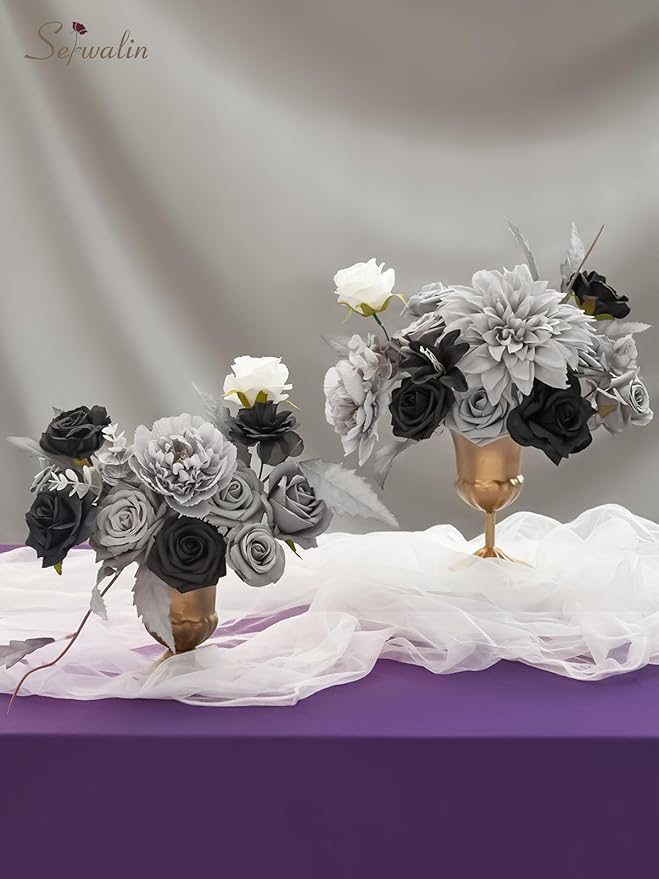 Serwalin Artificial Flowers Grey Fake Flowers Box Set, Silk Flowers with Stems, Faux Wedding Flower Cake Flowers for DIY Wedding Bouquets Bridal Shower Centerpieces Floral Arrangements Decor
