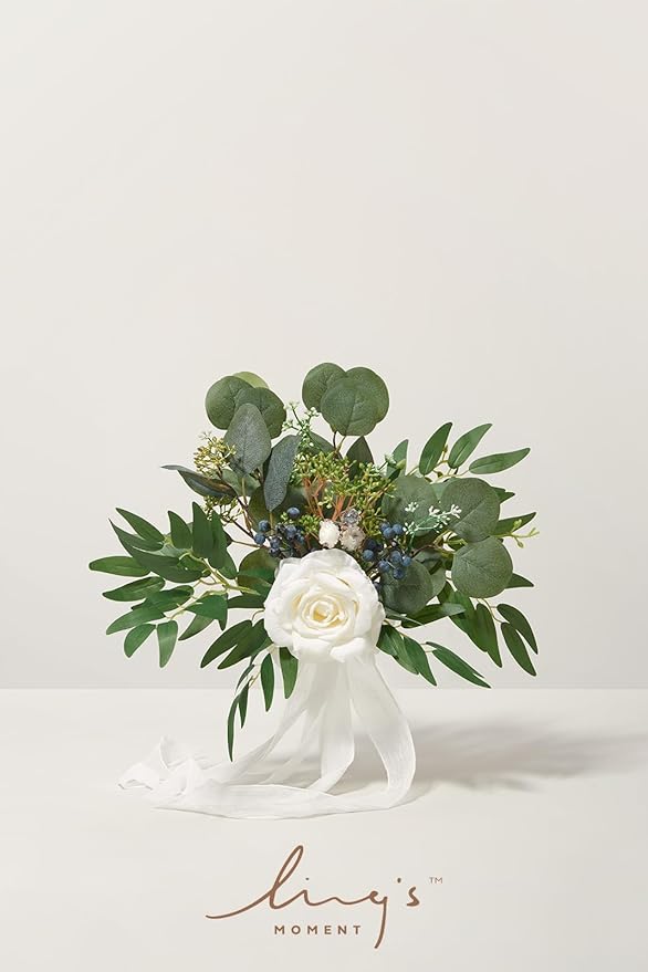 Ling's Moment Artificial Flowers White Bridesmaid Bouquet Set of 6, White and Sage Wedding Flowers Bouquets for Bridesmaids, 7 Inch Bridal Bouquets for Bridesmaids, Wedding, Ceremony, Anniversary, etc
