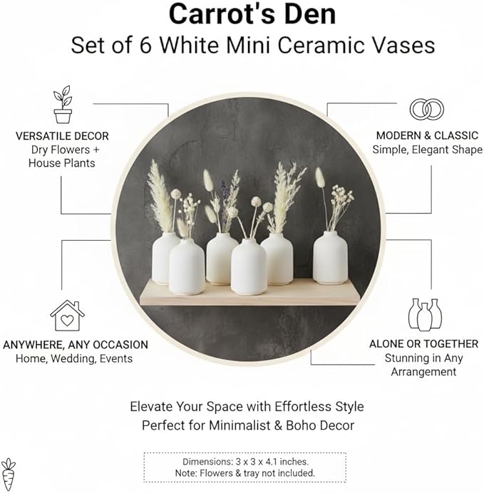 Carrot's Den - Set of 6 White Mini Ceramic Vases for Home Decor | Boho Bud Vases in Bulk for Dry Flowers + House Plants | Wedding, Home, Centerpiece, Modern, Japandi, Farmhouse, Minimalist