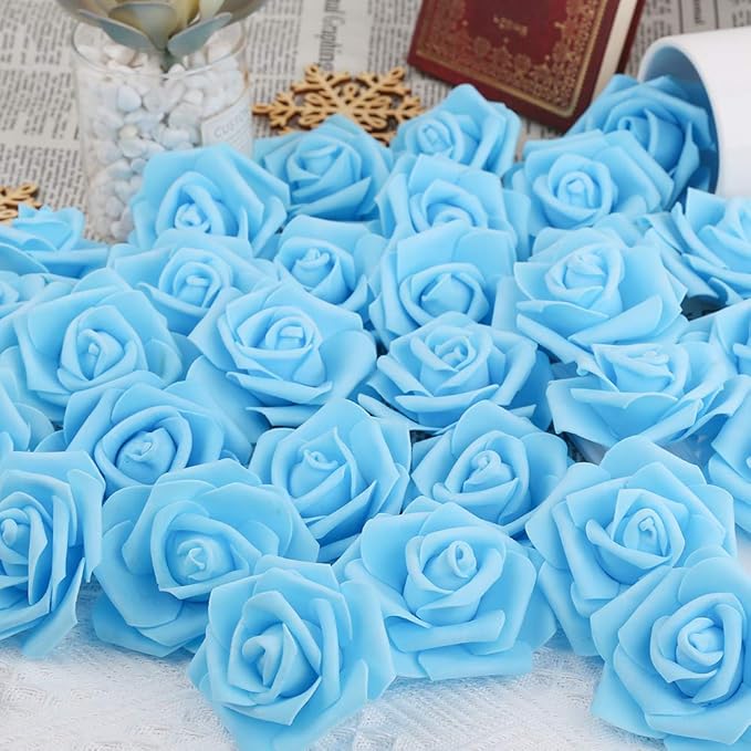 Artificial Rose Flower Heads, 100pcs Blue Roses Artificial Flower Foam Rose for DIY Wedding Bouquets Centerpieces Arrangements Party Baby Shower Home Decor (Stemless,Sky Blue)
