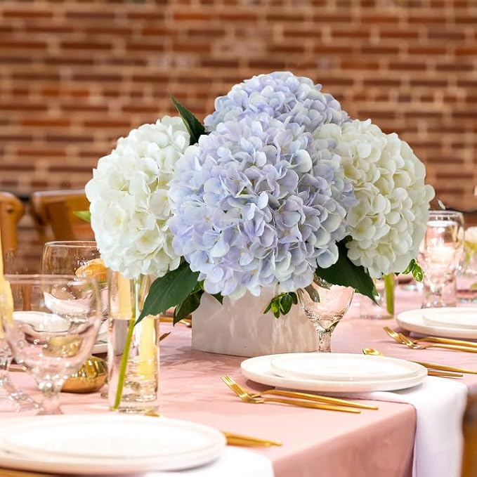 Boho Fake Hydrangea Artificial Flowers, 4Pcs 22" Large Lifelike Silk Artificial Hydrangeas, Full Fake Flowers for Bouquet Table Centerpieces Wedding Indoor Home（Light Blue Violet