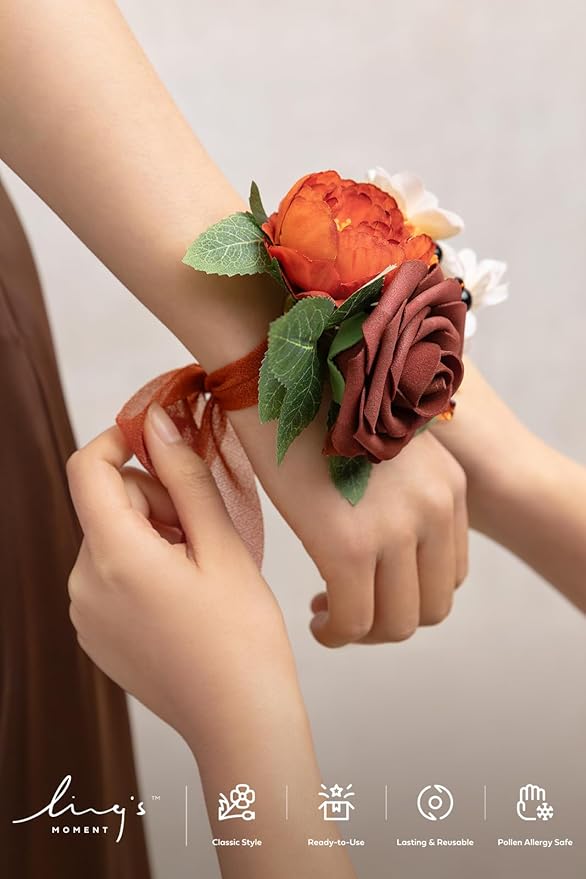 Ling's moment 6pcs Wedding Wrist Corsage Artificial Flowers, Girl/Mother Homecoming Prom Corsages Wristlet Décor, etc. Burnt Orange Terracotta