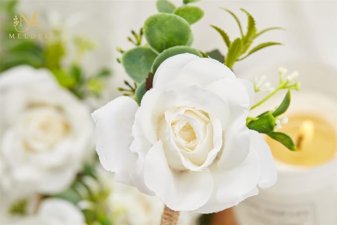 Meldel Ivory White Rose Boutonnieres for Men Wedding, Set of 2, Artificial Corsage for Prom, Groom and Groomsmen Boutonniere for Ceremony, Formal Dinner Party, Fall Rustic Wedding, Homecoming