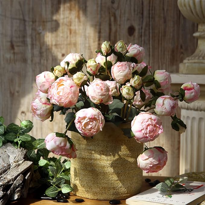 Pink Peonies Artificial Flowers 2 Bouquets Vintage Peonies 18pcs Pink Flowers Artificial for Wedding Decoration Bride Bouquet Faux Crafts Floral Arrangement