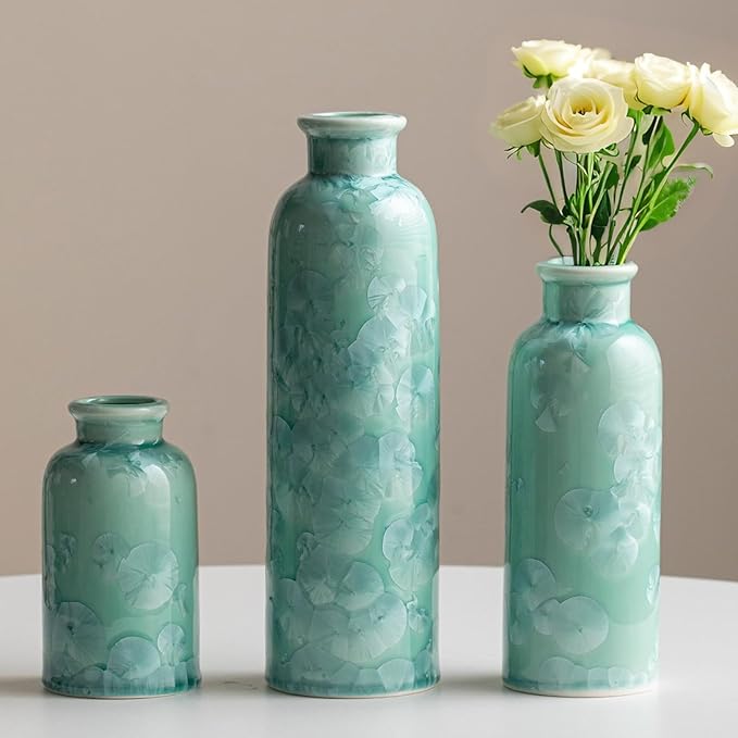 Modern Ceramic Vase Set of 3, Green Crystalline Glaze Colors, Decorative Bottles for Home, Farmhouse Rustic Decor (Crystalline Glaze Green)