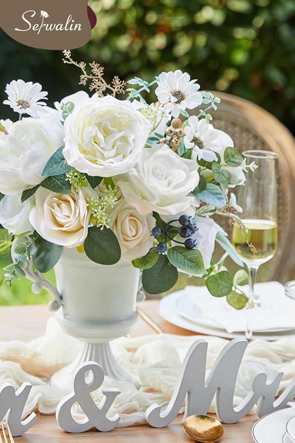 Serwalin Artificial White Flowers for Wedding, Silk Flowers Cake Decoration, Fake Flowers for Centerpieces Bouquets White Roses Peonies, Bridal Shower DIY Christmas