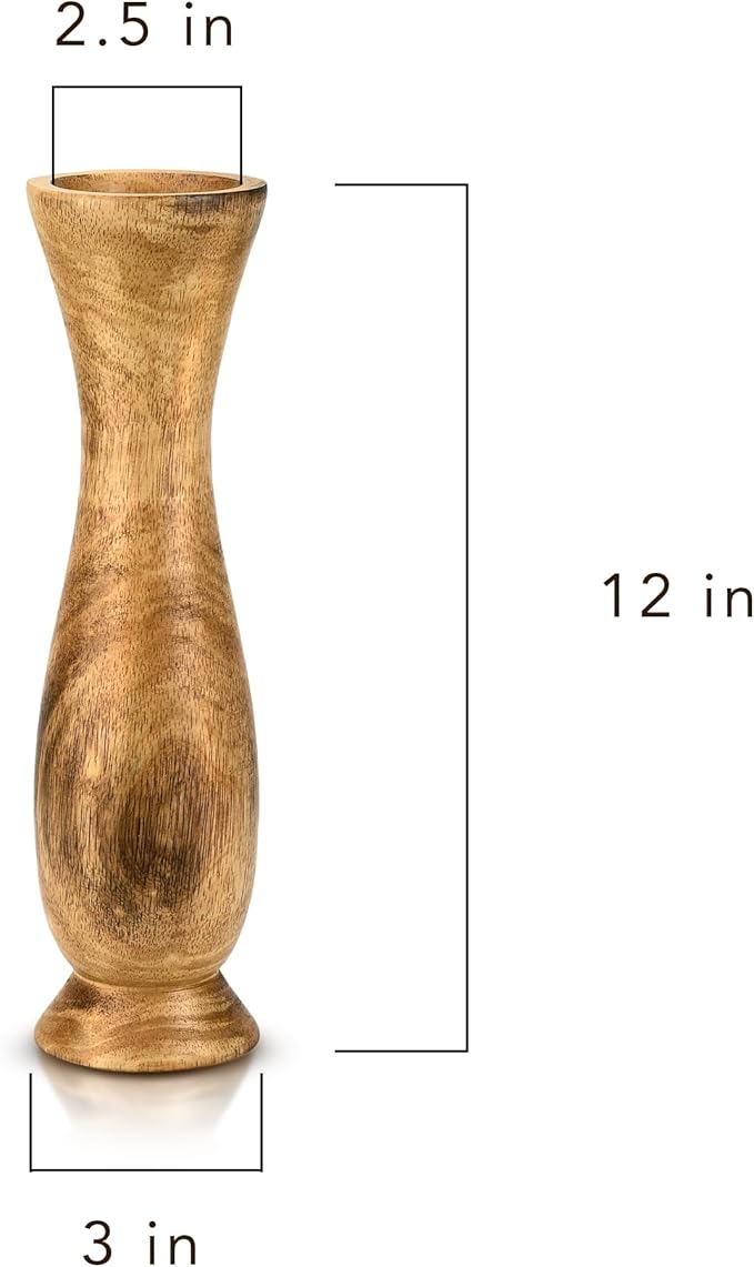 AeraVida 12-Inch Tall Curvy Bottle Mango Wood Vase | Handmade Natural Brown Wooden Flower Vase for Tabletop, Shelf, or Entryway | Rustic Farmhouse Decor Accent