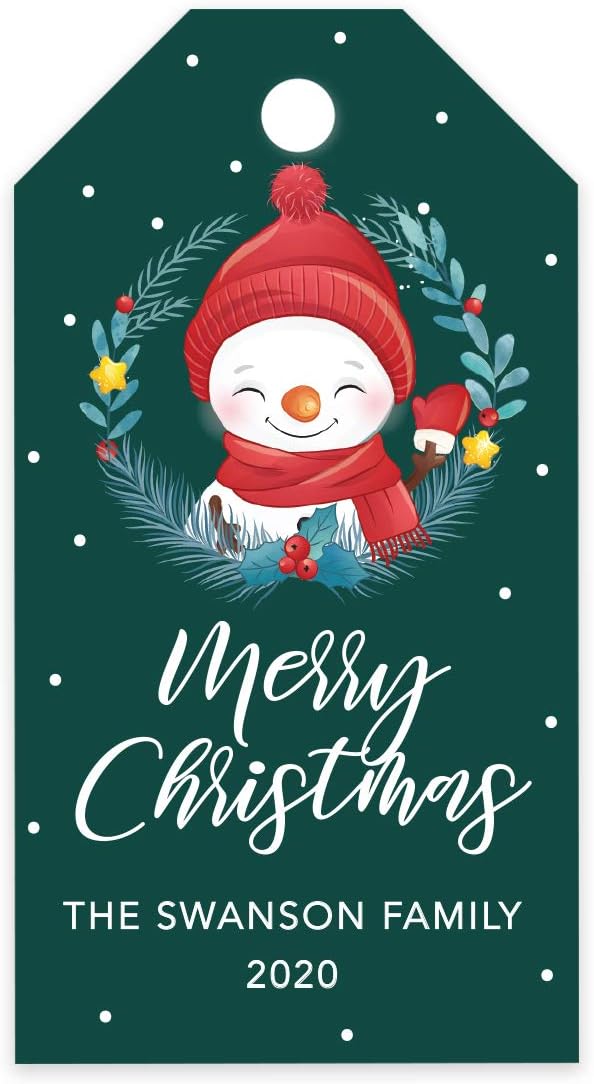 Andaz Press Personalized Classic Gift Tags - Merry Christmas Snowman with Wreath Design, Custom Family Name and Year, 60-Pack