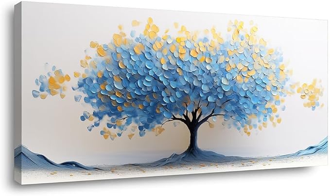 LAVIKARS Modern Tree of Life Wall Art for Living Room Office Navy Blue and Yellow Floral Abstract Landscape Canvas Painting Prints Large Nature Artwork Home Kitchen Bedroom Decor (28x58 Inches)