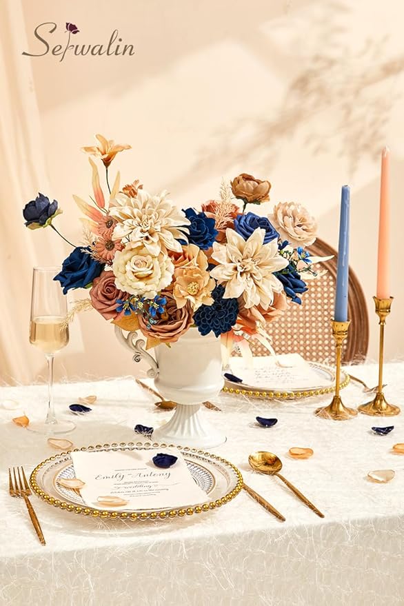 Serwalin Artificial Khaki Brown & Blue Flowers, Silk Fake Flowers for DIY Wedding Bouquets Cake Flower,Table Centerpieces Baby Shower Birthday Party Home Decorations