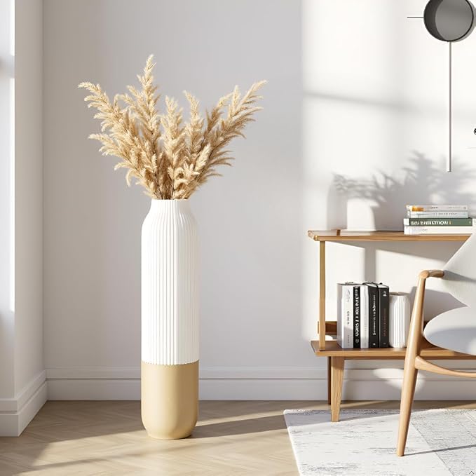 Tall Floor Vase, 23.6 inches (60cm) Tall Vases Sturdy, Luxury, Textured for Decorative Branches Dried Flowers, Floor Vase for Rustic, Living Room, Shelf Decor, Resin White
