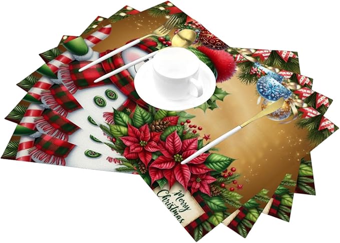 PVC Placemats Set of 6 Wipeable Table Mats Washable Heat Resistant Non Slip Vinyl Dining Table Mat for Kitchen Indoor Outdoor Patio Farmhouse Place Mats Christmas Ball Poinsettia Snowman Decorative