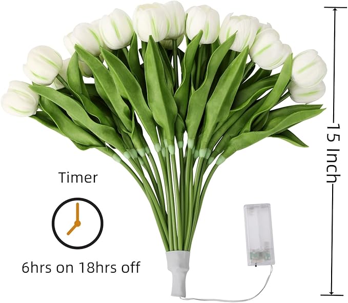 LED Lighted Artificial Tulips, Tulip Lamp, Real Touch Tulip Flowers, 15 Inch Faux Tulip Bouquet with Battery Operated Lights for Gifts, Home Kitchedn Wedding Decor (White)