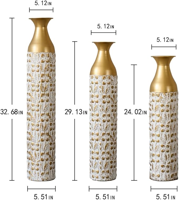 Floor Oversized Gold Metal Decorative Vase with 3D Triangle Pattern Set of 3 Large Vases for Home Living Room 33.5 ", 29.5 ", 25.2" High (Matt White+Gold)