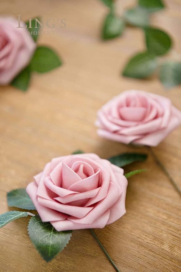 Ling's moment Artificial Flowers 25Pcs Shabby Blush Roses Decor w/Stems,3" Real Touch DIY Foam Floral for Wedding Bouquet/Centerpieces, Outdoors Party Backdrop, Room/Table, and Garden/Pot Decorations