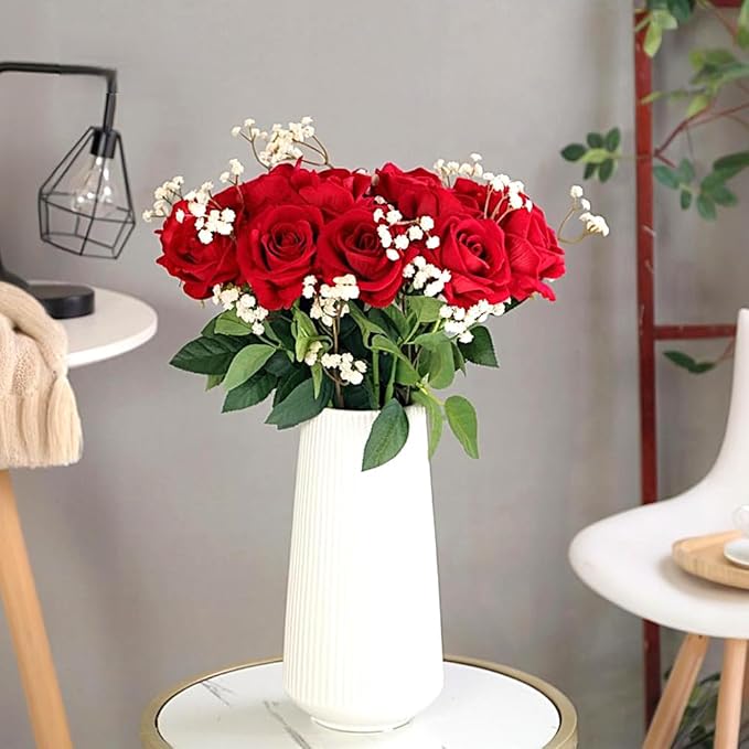 Jasion 12PCS Artificial Roses Realistic Velvet Silk Flowers Long Stem Faux Flowers Bouquet for Wedding Home Party Table Centerpieces Decorations (Red)