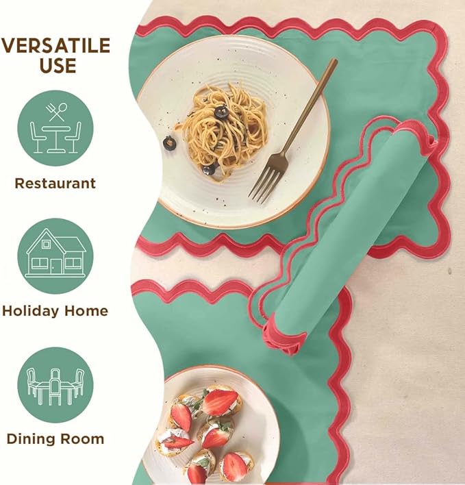 Folkulture Christmas Placemats | Set of 4, 13 x 19 Inches 100% Cotton Boho Place Mats or Heat Resistant Table Mats | Red Placemat or Green Table Place Mats | Christmas Table Decorations