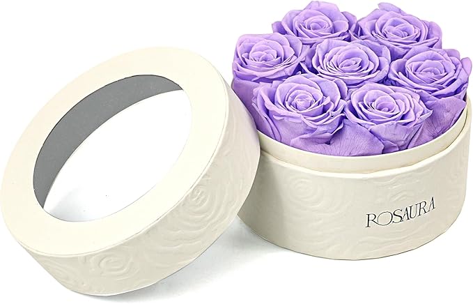 Rosaura Round Preserved Roses Gift Box - Real Forever Flowers for Birthday, Valentine's & Mother's Day (Light Purple, 7 Roses)