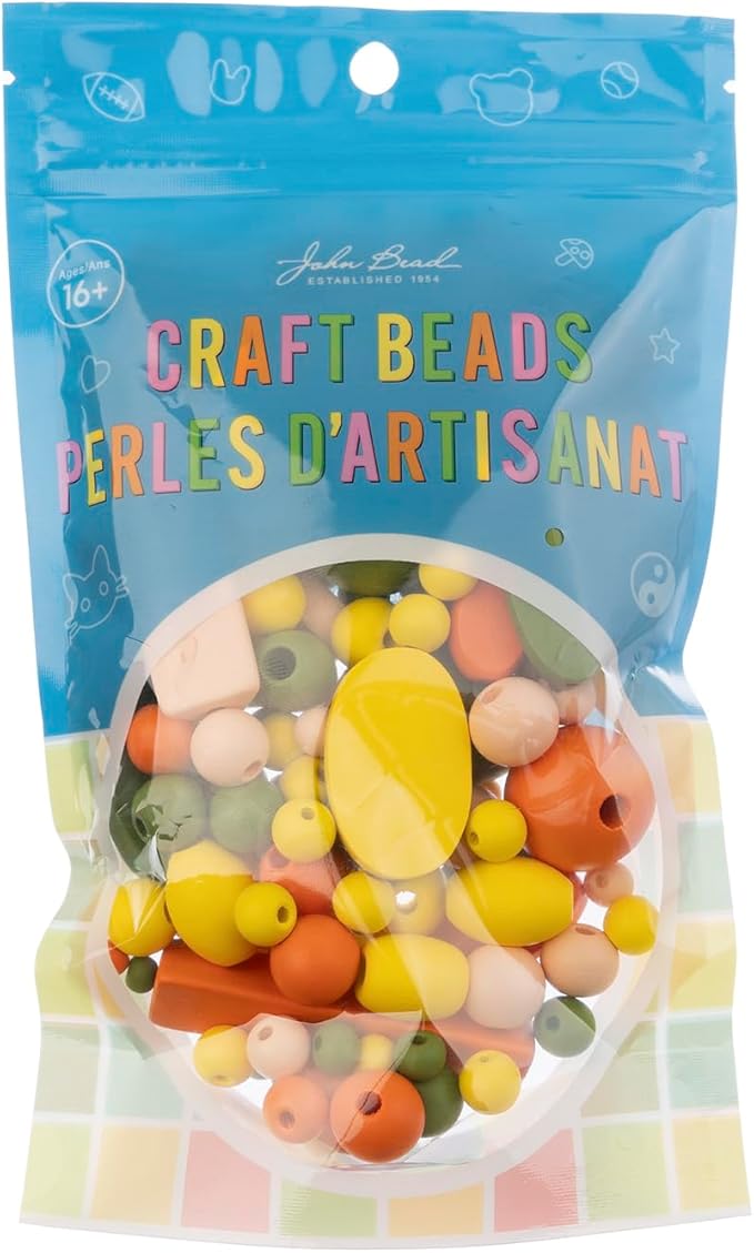John Bead 90g Craft Beads Orange Green Yellow Light Peach Wood Beads with Elastic Nylon Cord