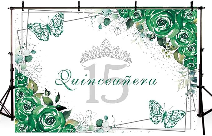SENDY 10x7ft Quinceañera Backdrop Mis Quince 15 Anos Birthday Party Decorations Supplies for Girl Princess Green Floral Butterfly Silver Crown Photography Background Banner Photo Booth Studio Props