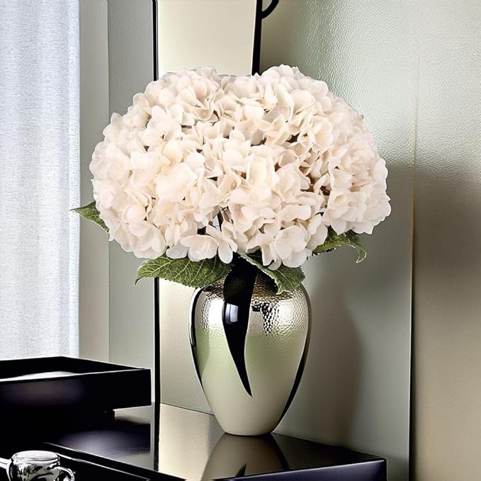 2Bouquets Artificial Fake Flowers Plants Silk Hydrangea Arrangements Wedding Bouquets Decorations Plastic Floral Home Kitchen Garden Party Festival Bar DIY (Ivory White, 5 Flower Heads)