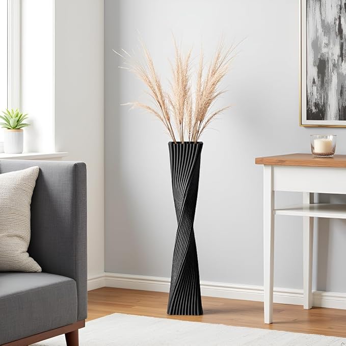 23.6" (60cm) Tall Black Floor Vase for Pampas Grass, Floor Vases for Modern Geometry Decor - Minimalist Skinny Unique Shape Flower Vase for Farmhouse Entryway, Fireplace,Shelf