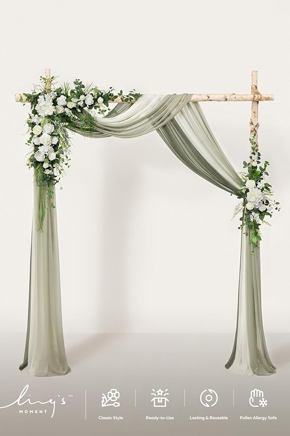 Ling's moment Wedding Arch Flowers with Drapes Kit-Pack of 5, 2pcs Flower Arrangements 3pcs Sheer Hanging Drapes White Ceremony Arbor Backdrop Artificial Rose Floral Decorations, White Green
