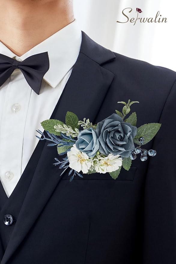 Serwalin 𝗦𝗲𝘁 𝗼𝗳 𝟮 Boutonniere for Men 𝟲-𝟳 𝗜𝗻𝗰𝗵 Corsage with Pins,Groom and Best Man Boutonnieres for Wedding Prom Ceremony Anniversary and Party Cake Topper(Dusty Blue)