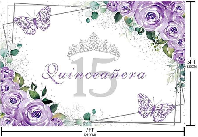 Sendy 7x5ft Quinceañera Backdrop Mis Quince 15 Anos Birthday Party Decoration Supplies for Girl Princess Purple Floral Butterfly Silver Crown Photography Background Banner Photo Booth Studio Props