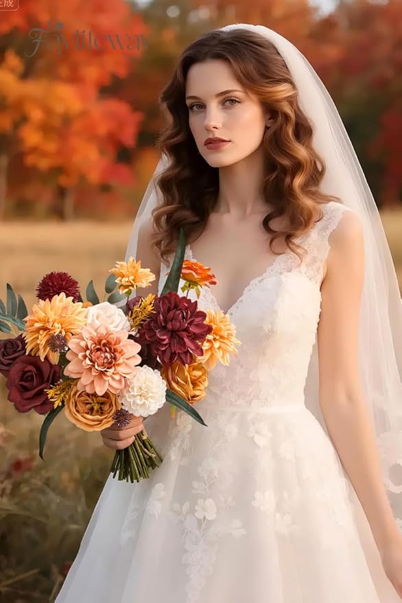 Artificial Flowers, Fall Orange and Red Silk Flowers for DIY Wedding Bridal Bouquets, Fall Fake Cake Flowers for Table Centerpieces Party Home Decorations