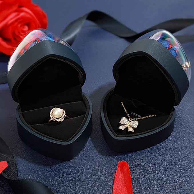 Preserved Flower Rose Pendant Box, Heart Shape Velvet Jewelry Box for Valentine's Day Mother's Day Wedding Anniversary Birthday Gift, Dark Blue