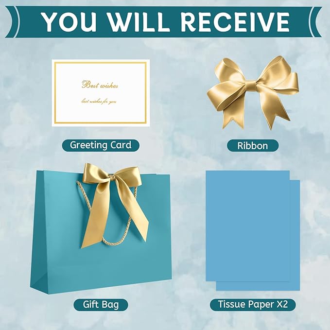 JMANNI 1PCS Large Gift Bag with Ribbon and 1 Greeting Card 2 Tissue Papers, Portable Paper Gift Bag with Handles, Birthday Gift Bags,Present Bags for Wedding Party,Mothers Day12.6" x 9.8" x 3.9"(Bule