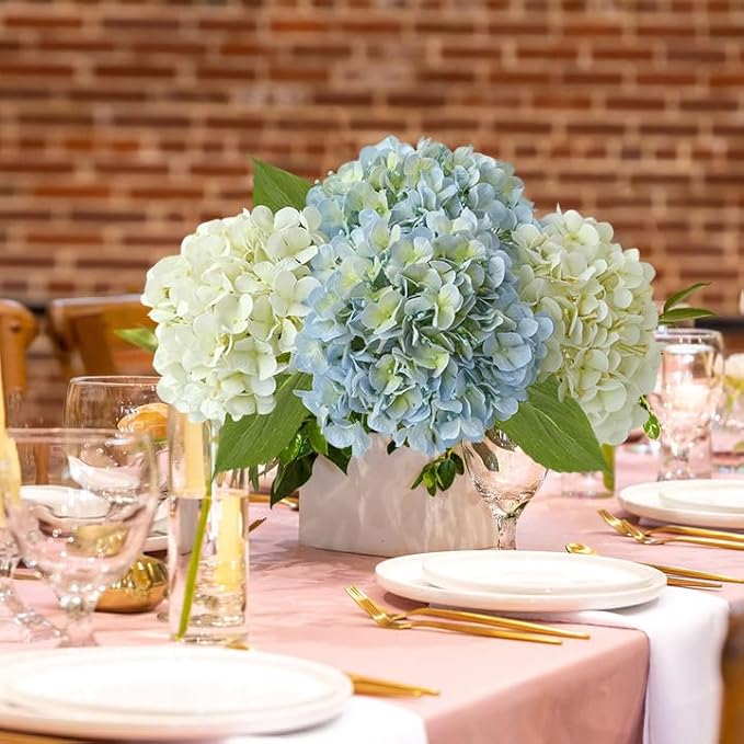 White Flowers Hydrangea Artificial Flowers, 4Pcs 20" Real Touch Lifelike Faux Silk Flowers, Full Fake Artificial Hydrangeas with Stems for Bouquet Table Centerpieces Spring Home Decoration