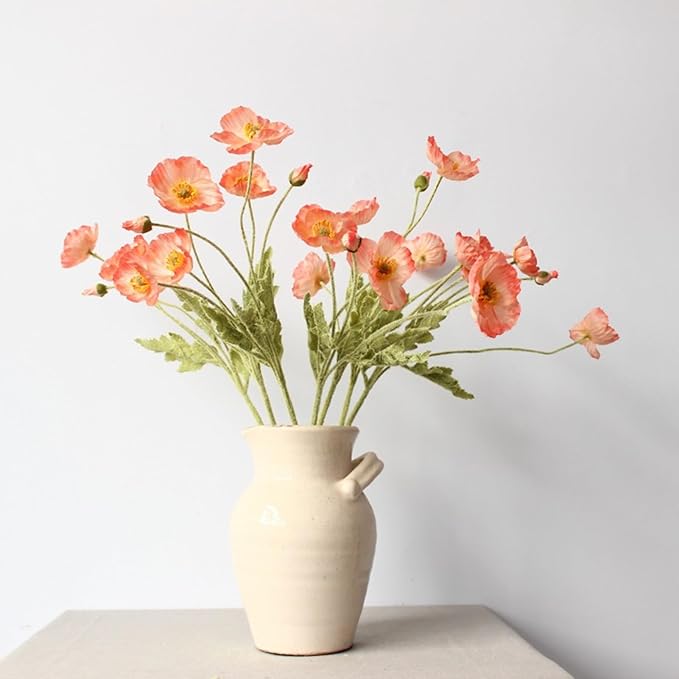 2 Pcs Artificial Fake Flowers Plants Poppies Silk Flower Arrangements Wedding Bouquets Decorations Plastic Floral Table Centerpieces for Home Kitchen Garden Party Decor Approx 23.6" High - Dark Coral