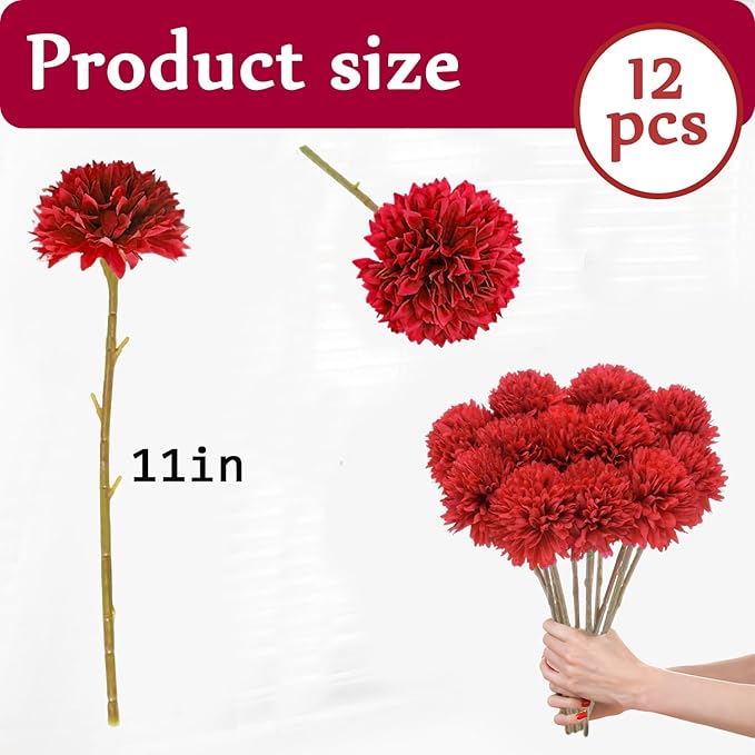 Tinsow 12Pcs Artificial Chrysanthemum Faux Red Ball Flowers Burgundy Fall Flowers for Christmas Autumn Farmhouse Home Decoration (12, Red)