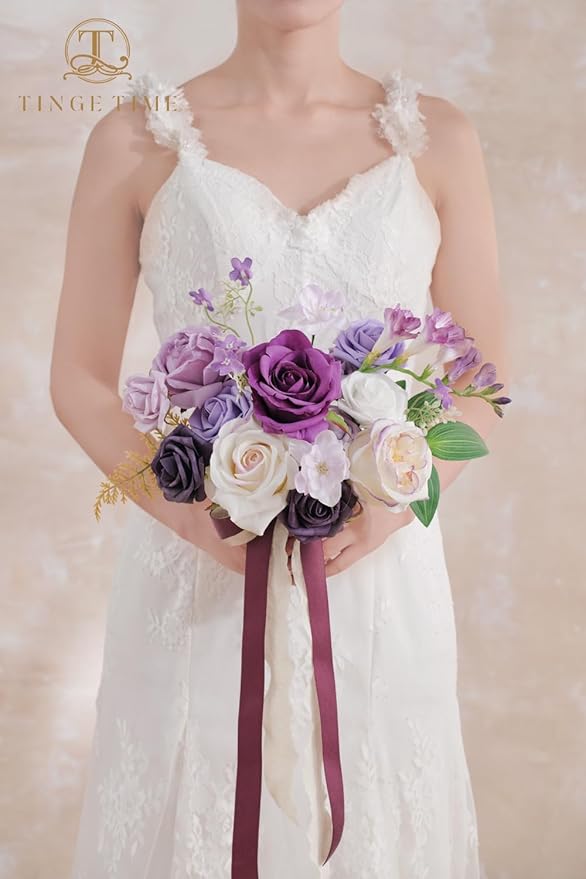 TINGE TIME Artificial Flowers Purple & White Flower Combo for DIY Wedding Bouquets Table Centerpieces Arrangements Party Baby Shower Home Decorations