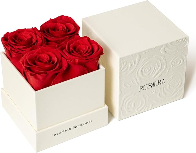 Rosaura 4-Piece Eternal Preserved Roses & Flowers Gift Box - Forever Lasting Real Roses, Preserved Flowers for Valentine's Day Red