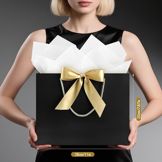 JMANNI Gift Bag, Medium Gift Bags with Tissue Paper, 2Pcs Gift Bags Medium Size with Handle and Bow Ribbon for Any Birthday,Weddings, Mothers Day & Special Occasion 11''x7.87''x4''(Black)