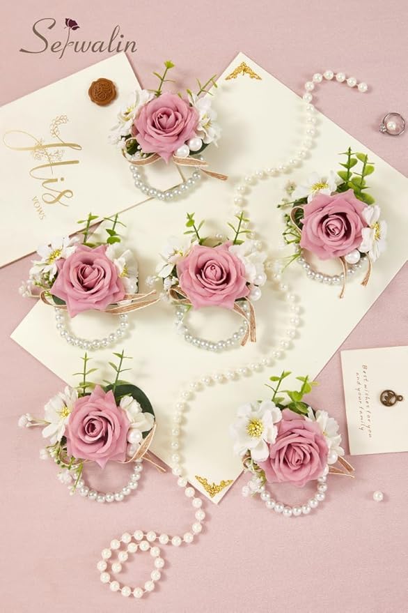 Serwalin 6 PCS Pink Rose Wrist Corsages for Wedding, Corsages for Prom Homecoming Party Corsage Hand Decor for Bride Bridesmaids, Mother of Bride and Groom