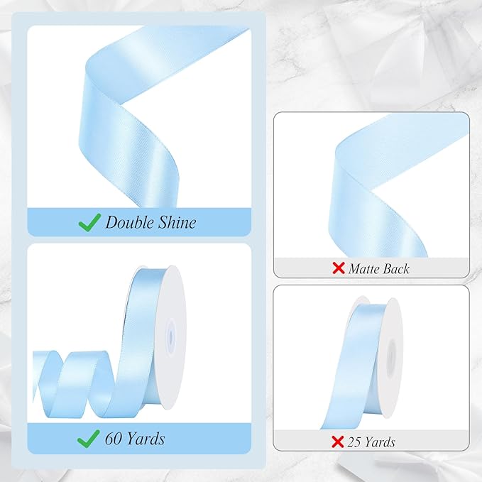 Blue Ribbon 1 Inch 60 Yards Double-Sided Light Baby Blue Satin Ribbon for Baby Bridal Shower Party Nursery Decor Wedding Hair Bows Christmas Gift Wrapping
