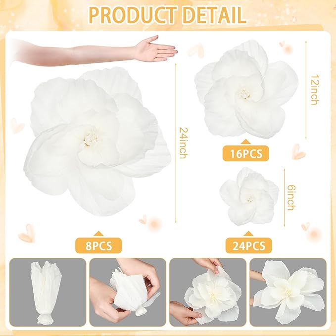 Giant Paper Flowers Artificial Large Paper Flower Decoration for Handcrafted Wall Backdrop Christmas Mexican Wedding Graduation Bridal Shower Birthday Party Supplies(White,48 Pcs)