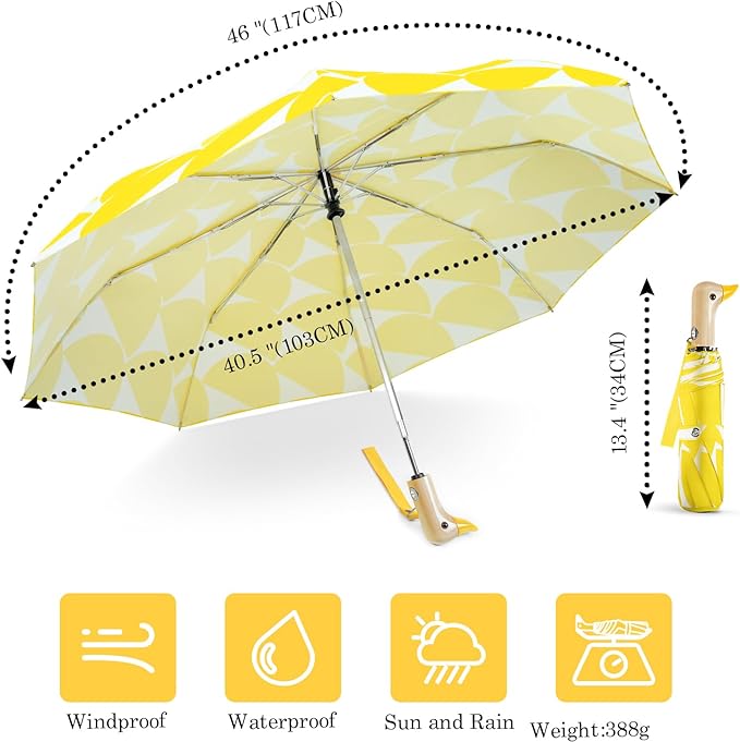 Cute Duck Umbrella Automatic - Compact Pretty Pocket Size Strong Duck Collapsible Umbrella Yellow Wooden Handle for Women